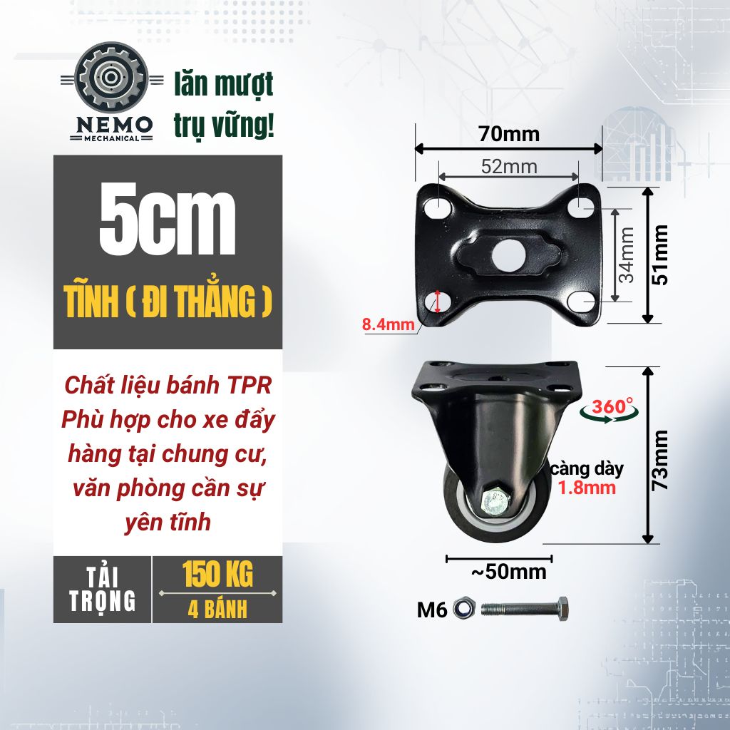 Bánh Xe TPR Chống Ồn Tải Cao – Càng Thép Sơn Tĩnh Điện Đen (D40, D50)